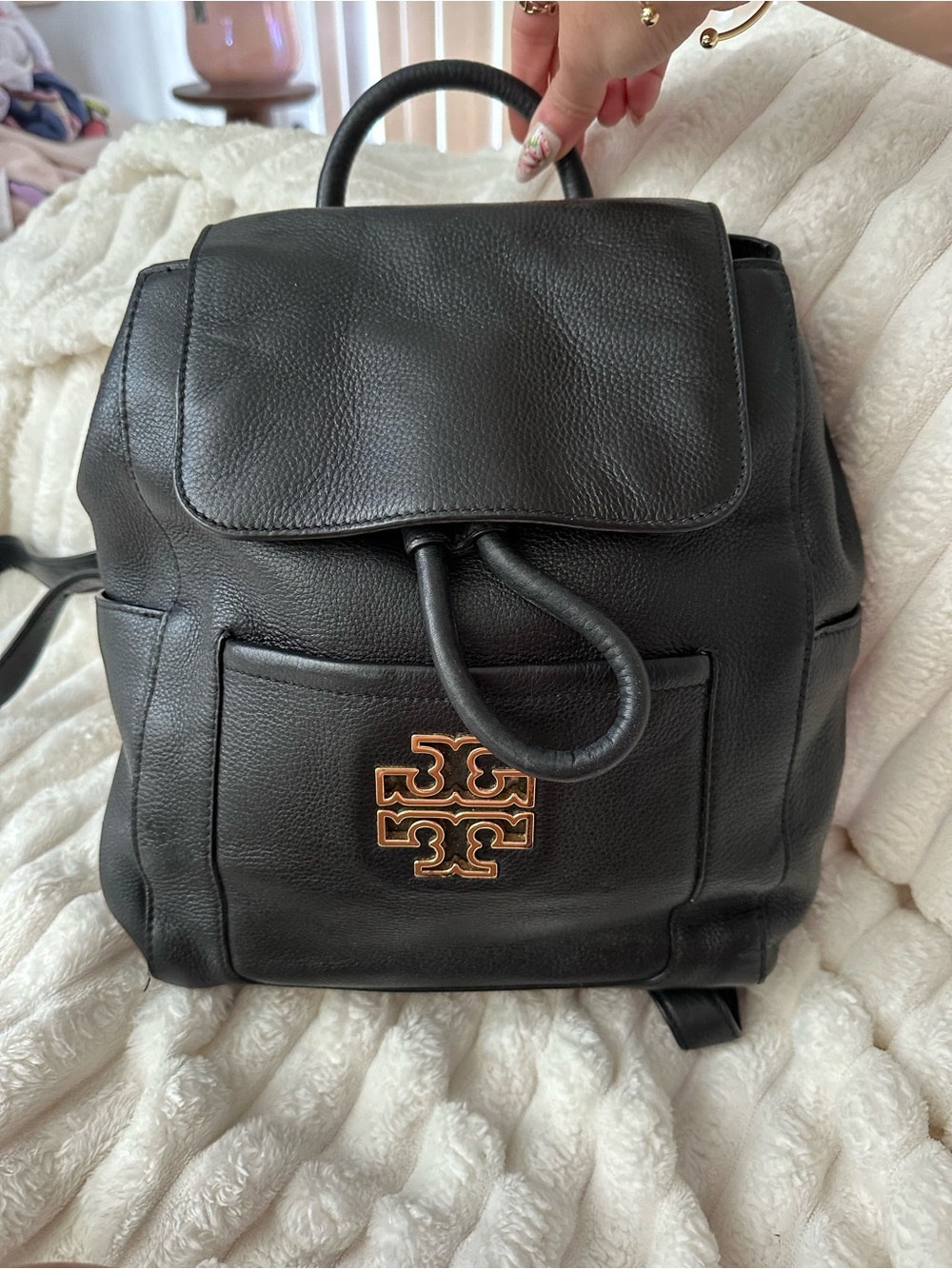 Tory Burch Black Leather Backpack with Gold Logo Hardware